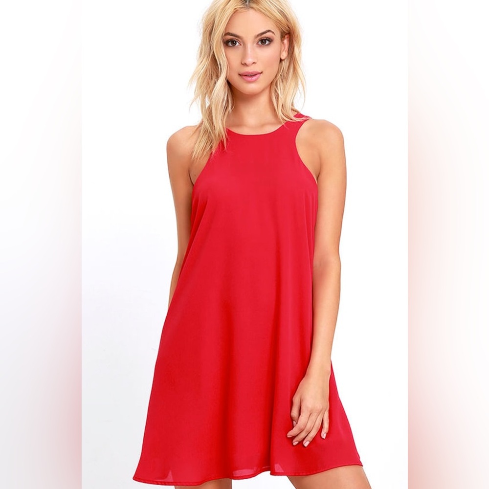 Tank style dress, sleeveless bodice, rounded neckline, shift silhouette. V back.